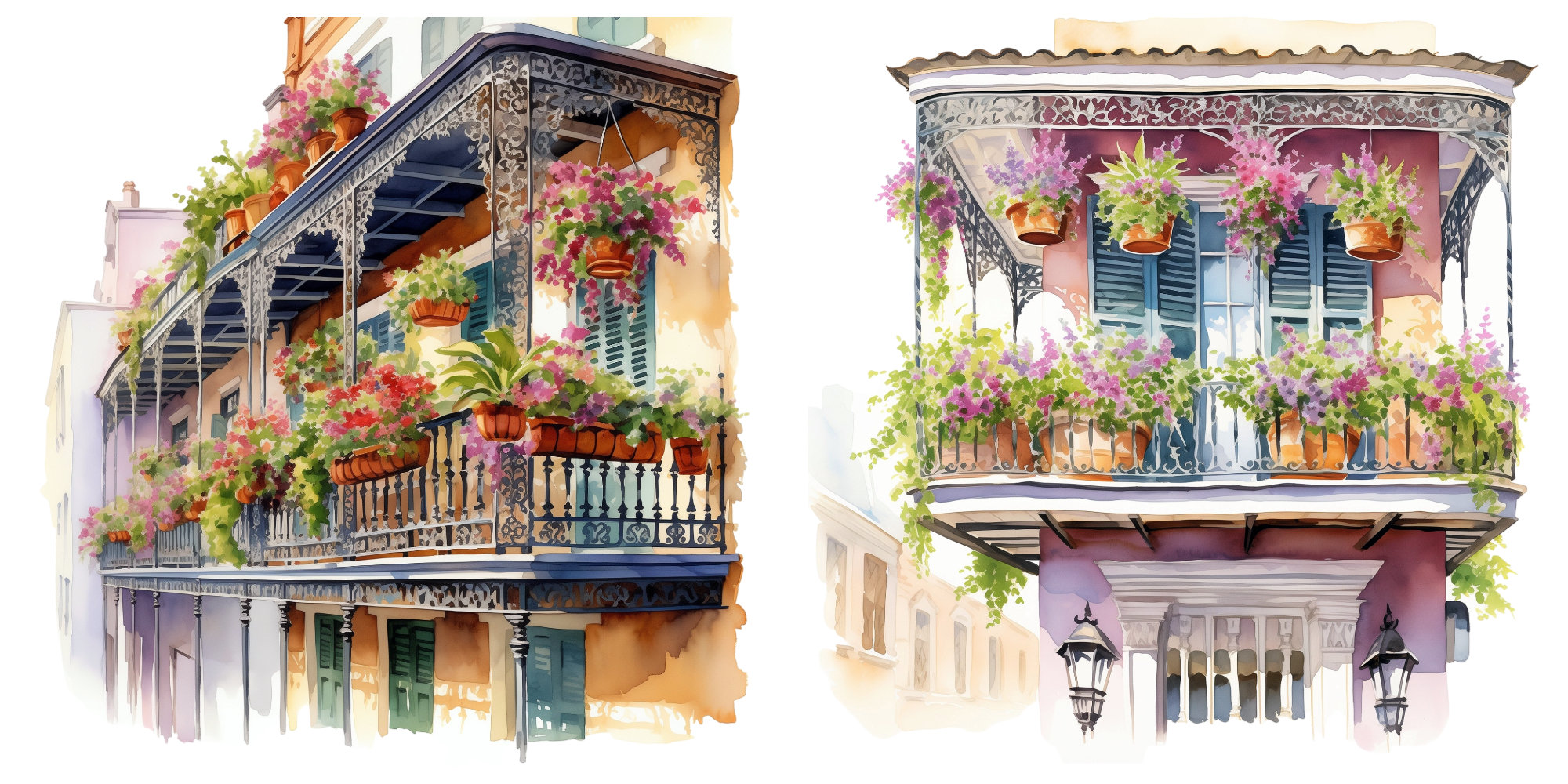 16 New Orleans French Quarter Balconies Watercolor Clipart – PNG ...