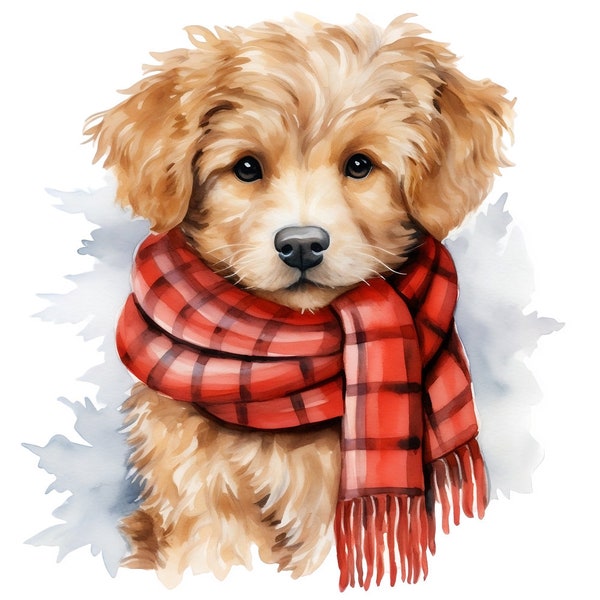 10 Watercolor Winter Pups With Scarf Graphics - Digital Download PNG Files For Commercial Use Transparent Background - Cards, Papercraft