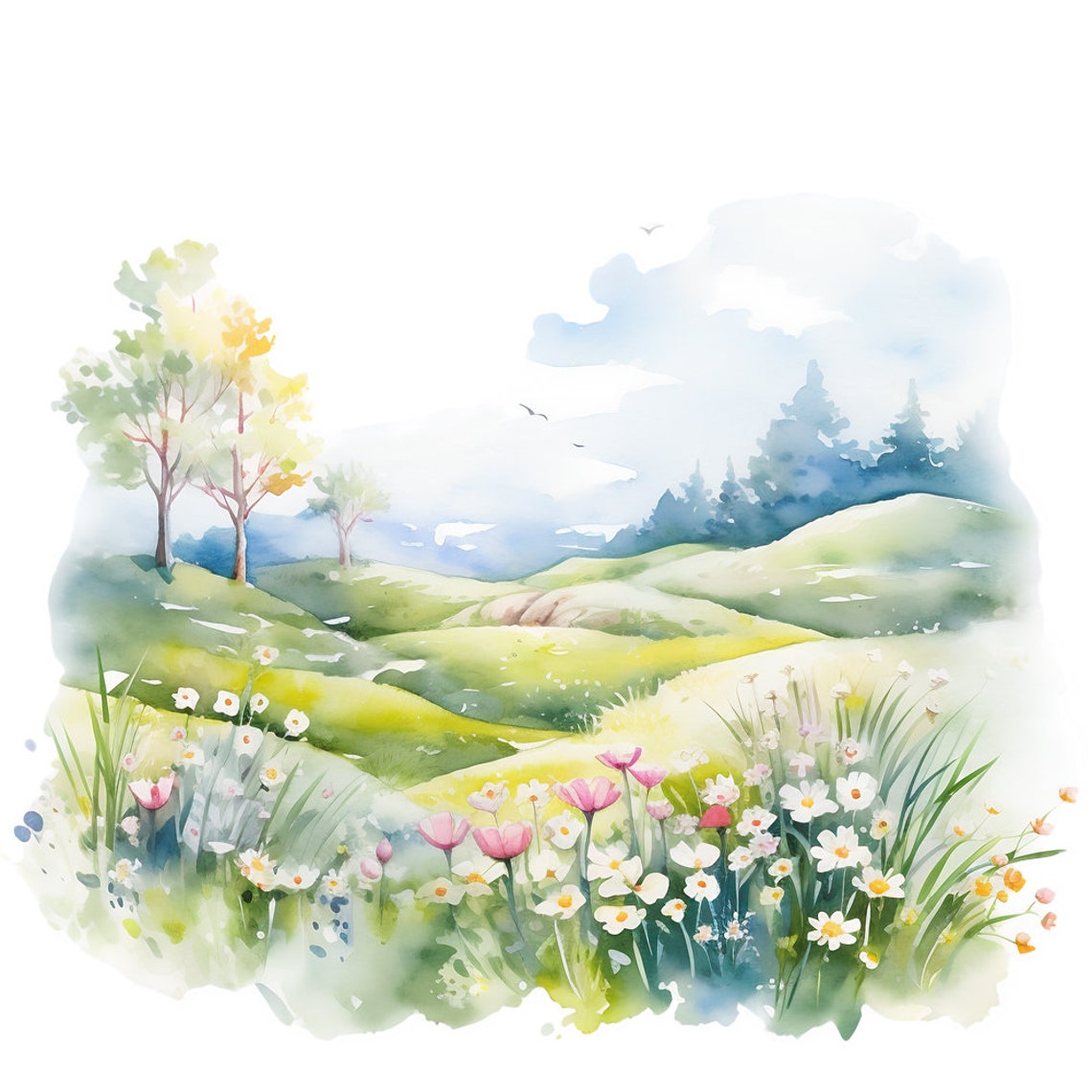 10 Spring Meadow Watercolor Clipart Graphics Printable PNG Files ...