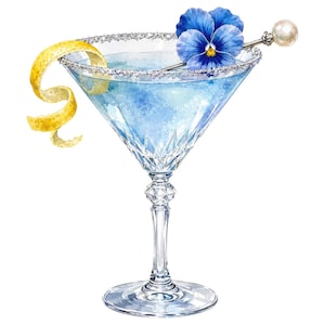 May include: A crystal martini glass filled with a light blue liquid, featuring a sugar-rimmed edge, a yellow lemon twist garnish, and a silver cocktail pick topped with a white pearl and a vibrant blue and yellow pansy flower blossom.
