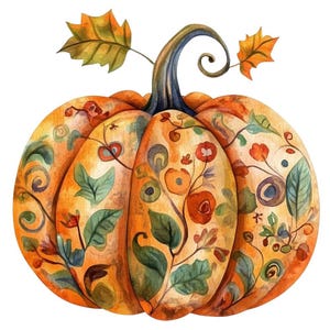16 Watercolor Folk Art Painted Pumpkins Clipart, Printable PNG Autumn Fall Graphics, Digital Download