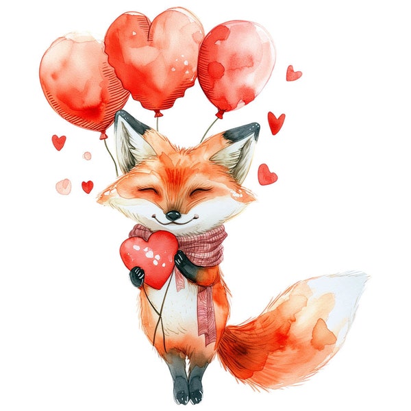 10 Cute Valentine Fox Clipart Bundle Watercolor Graphics - Digital PNG Files Transparent Background - Valentine's Day Cards, Papercraft