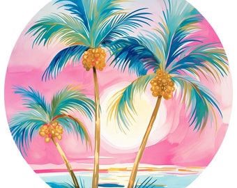 10 Watercolor Preppy Palm Trees Clipart Circle Graphics - Printable PNG Files Transparent Background