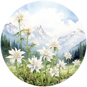 10 Watercolor Alpine Flower Scenes Circle Clipart – PNG Graphics (Digital Download)