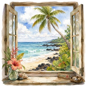 May include: A watercolor painting of an open wooden window looking out onto a tropical beach with a palm tree, blue ocean, and rocky shoreline. On the windowsill sits a glass vase with a hibiscus flower, seashells, and a sign reading ALOHA.