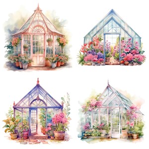 Puede incluir: Cuatro ilustraciones de acuarela de invernaderos de vidrio con varias flores y plantas en su interior. Los invernaderos son de diferentes colores y estilos, algunos tienen un dise&ntilde;o m&aacute;s tradicional y otros un dise&ntilde;o m&aacute;s moderno.