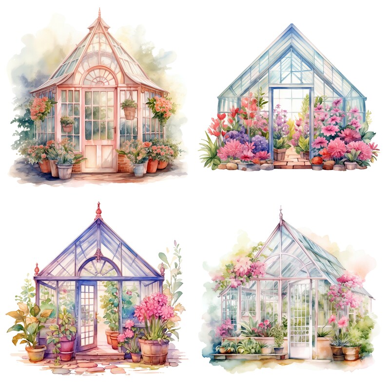 Puede incluir: Cuatro ilustraciones de acuarela de invernaderos de vidrio con varias flores y plantas en su interior. Los invernaderos son de diferentes colores y estilos, algunos tienen un dise&ntilde;o m&aacute;s tradicional y otros un dise&ntilde;o m&aacute;s moderno.