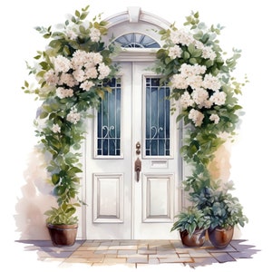 9 aquarel witte deuren met bloemen clipart graphics - afdrukbare PNG-bestanden transparante achtergrond - kaarten, papercraft, tijdschriften