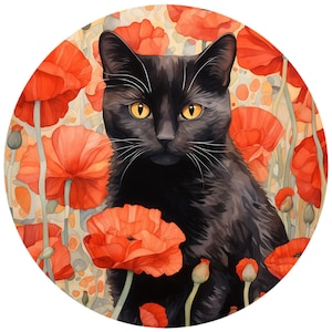 6 Gato Preto com Flores Aquarela Gráficos - Download Digital PNG Arquivos Para Uso Comercial Fundo Transparente - Adesivos, Ímãs