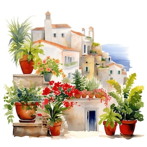 以下が含まれることがあります： 石段にテラコッタの鉢植えのカラフルな花が置かれた地中海風の村を描いた水彩画。村は海を見下ろす丘の中腹に建てられています。