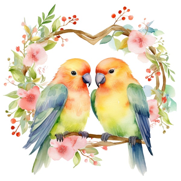 6 Watercolor Lovebirds Clipart Parrot Graphics - Digital Download PNG Files For Commercial Use Transparent Background - Cards, Papercraft