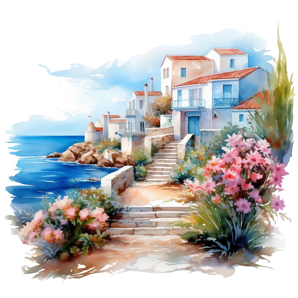 水彩画風ギリシャ村風景クリップアート10点 - 印刷可能なPNGファイル