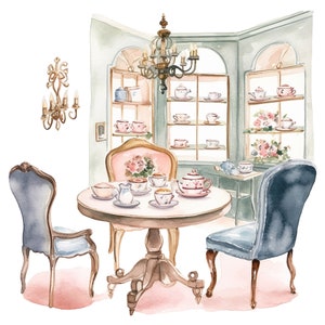 16 Cute English Tea Room Clipart Grafica ad acquerello - Download digitale File PNG per uso commerciale Sfondo trasparente - Inviti