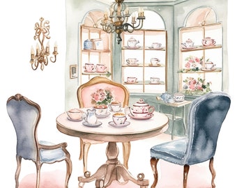 16 Cute English Tea Room Clipart Watercolor Graphics - Digital Download PNG Files For Commercial Use Transparent Background -  Invitations