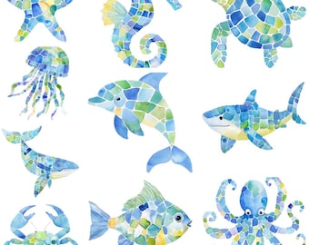 10 Sea Glass Ocean Animals Watercolor Clipart Graphics - Printable PNG Files - Transparent Background