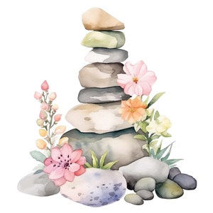 10 Spring Garden Rock Cairn Acuarela Clipart Gráficos - Archivos PNG imprimibles Fondo transparente - Uso comercial - Tarjetas, Papercraft