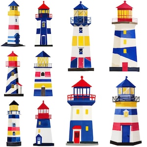 10 Watercolor Lighthouse Primary Colors Nautical Clipart Graphics – Printable PNG Files, Digital Download