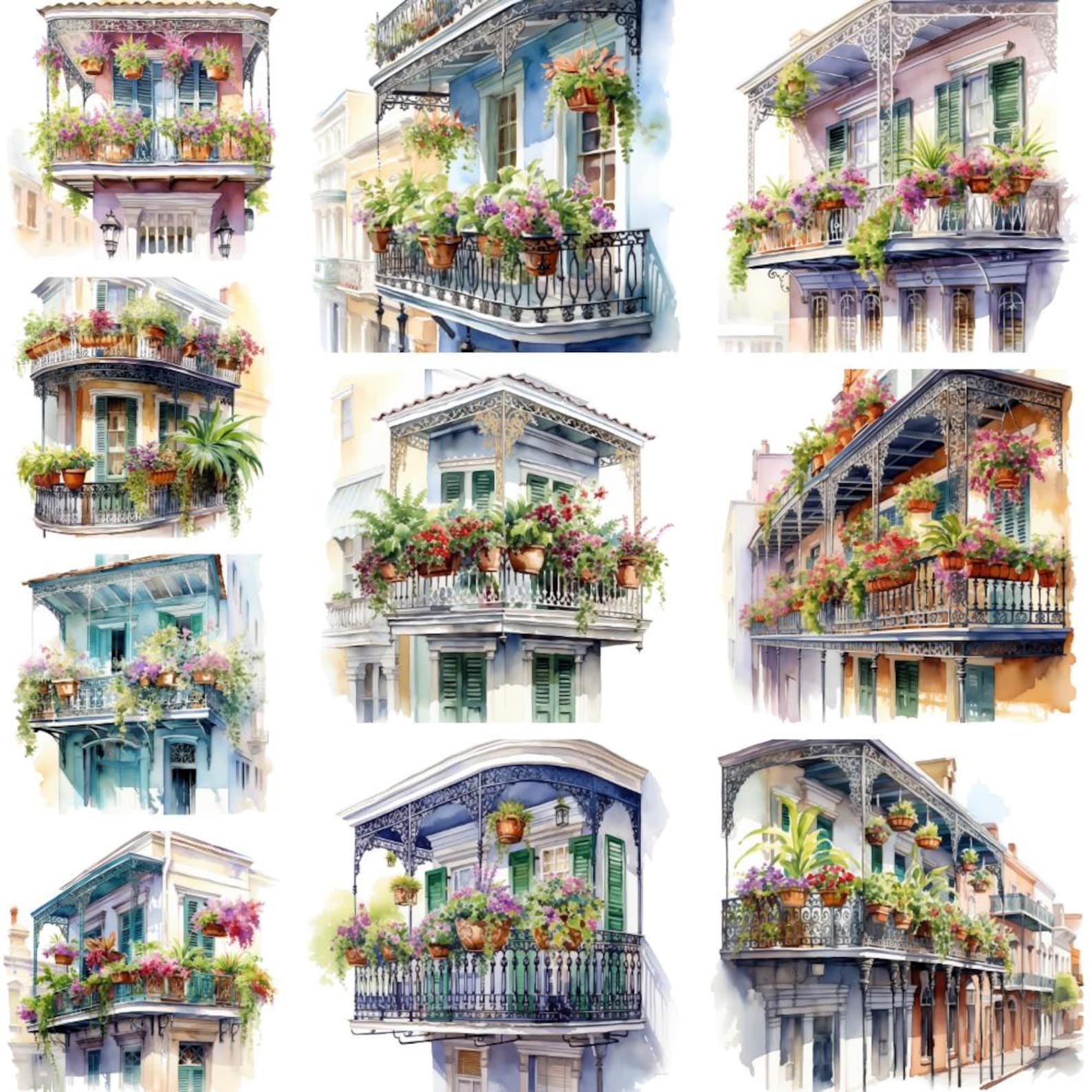 10 New Orleans French Quarter Balconies Watercolor Clipart – PNG ...