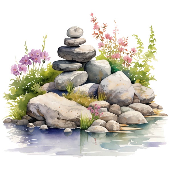 10 Watercolor Zen Rock Garden Clipart Graphics - Printable PNG Files For Commercial Use Transparent Background - Papercraft, Journals