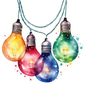 May include: Watercolor illustration of a string of four light bulbs in orange, red, blue, and green. Each bulb has a silver base and a lit candle inside. The bulbs are connected by a green wire and surrounded by colorful star and splatter accents.