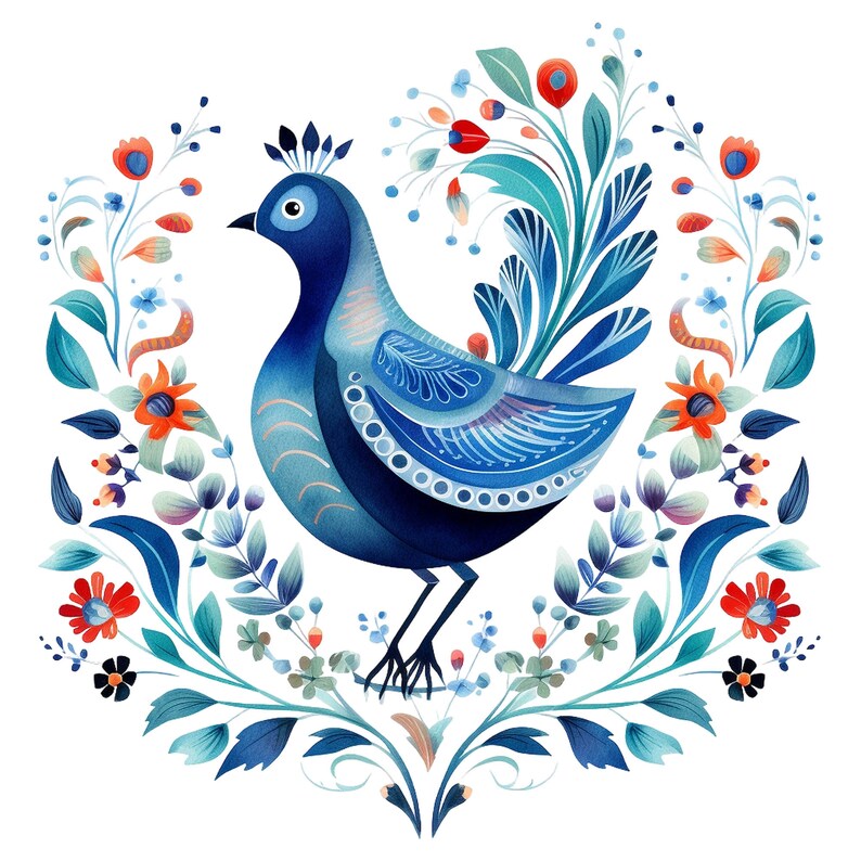 10 Watercolor Scandinavian Folk Art Birds Clipart Digital Download PNG Files For Commercial Use Transparent Background Papercraft Cards image 4