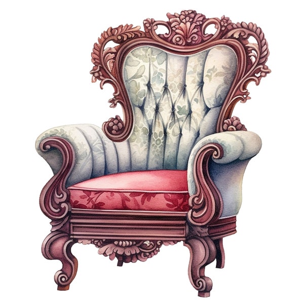10 Watercolor Antique Arm Chair Furniture Clipart - Digital Download PNG Files For Commercial Use Transparent Background - Junk Journals
