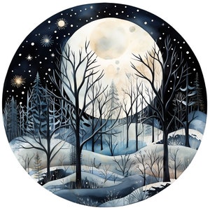 10 Winter volle maan landschap aquarel clipart-afbeeldingen - afdrukbare PNG-bestanden transparante achtergrond - stickers, magneten, Papercraft