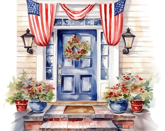 10 Watercolor Americana Doors and Porches Clipart Graphics - Printable PNG Files Transparent Background