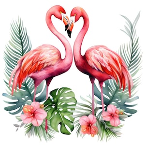 6 Watercolor Flamingos Clipart Bird Graphics - Digital Download PNG Files For Commercial Use Transparent Background - Cards, Papercraft