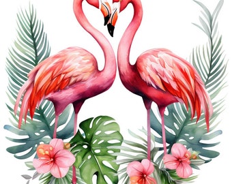 6 Watercolor Flamingos Clipart Bird Graphics - Digital Download PNG Files Transparent Background - Cards, Papercraft