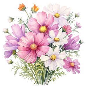 May include: Watercolor illustration of a bouquet of cosmos flowers. The flowers are in shades of pink, white, and purple, with yellow centers. Green leaves and stems complete the arrangement. The image is on a white background.