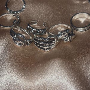 Oxidized Silver Skull Snake Skeleton Ring Set, Goth Punk