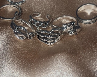 Oxidized Silver Skull Snake Skeleton Ring Set, Goth Punk
