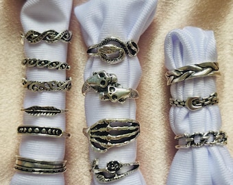 Oxidized Silver Skull Snake Skeleton Ring Set, Goth Punk set of 13