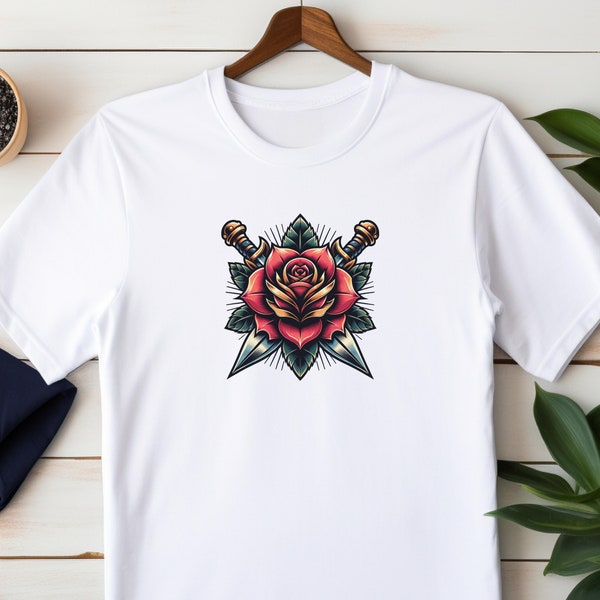 Rose & Dagger Graphic T-Shirt for Men and Women, Vintage American Traditional Tattoo Style Unisex Design T Shirt, Rose Tattoo Style Tee