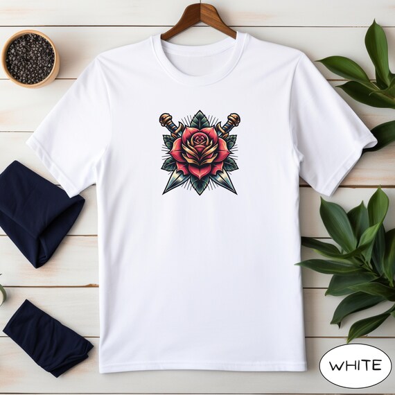 Rose & Dagger Shirt, Unisex Graphic Tee, Tattoo Style Shirt for Men and Women, Vintage American Traditional Tattoo Style Design T Shirt