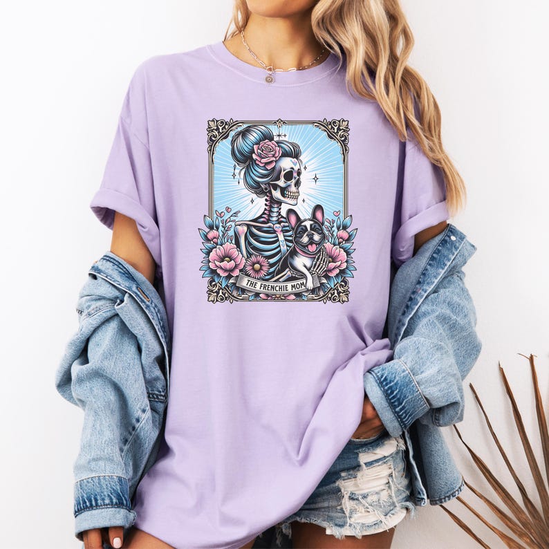 French Bulldog Shirt, Comfort Colors Frenchie Dog Mom Tarot Card T-shirt, French Bulldog Skeleton Tee, Mother's Day Gift, Dog Mom Shirt Orchid
