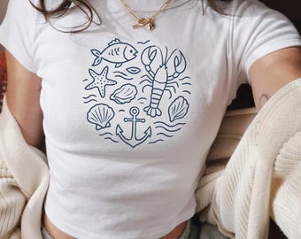 Camiseta de bebé con animales marinos de los 90: Top corto vintage con temática oceánica Y2K