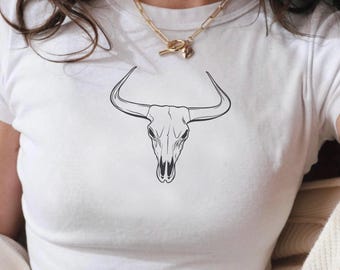 Y2k Cow Skull Baby-tröja: Western Graphic Crop Top