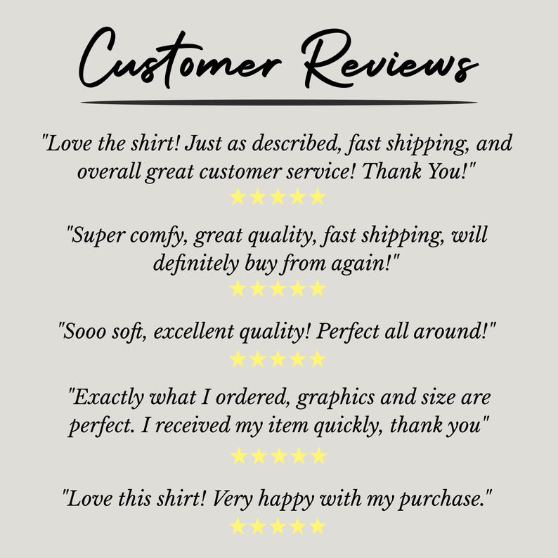 May include: Customer reviews for a product, with five-star ratings and positive comments about the product's quality, comfort, and shipping speed.  The comments include phrases like "Love the shirt!" and "Super comfy, great quality!"