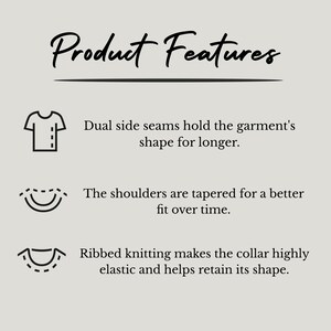 May include: Illustration of three product features for a t-shirt. The first feature shows a t-shirt with dual side seams. The second feature shows a shoulder with tapered seams. The third feature shows a collar with ribbed knitting.