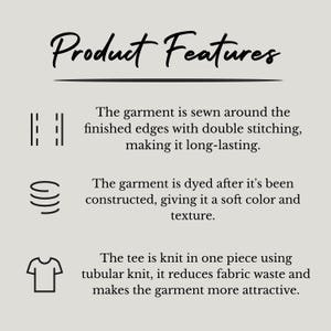 May include: An informational graphic titled Product Features with three icons. The text describes double stitching on finished edges, garment dyeing for soft color and texture, and a tubular knit construction for the t-shirt to reduce fabric waste.