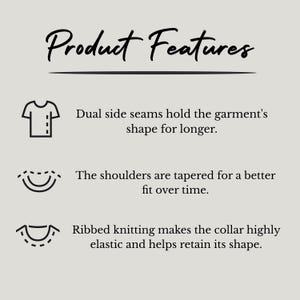Pu&ograve; includere: Illustrazione di tre caratteristiche del prodotto per una t-shirt. La prima caratteristica mostra una t-shirt con cuciture laterali doppie. La seconda caratteristica mostra una spalla con cuciture affusolate. La terza caratteristica mostra un colletto con maglia a coste.