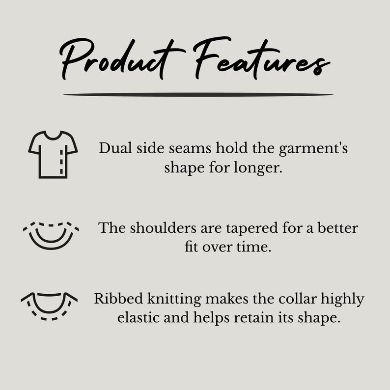 Pu&ograve; includere: Illustrazione di tre caratteristiche del prodotto per una t-shirt. La prima caratteristica mostra una t-shirt con cuciture laterali doppie. La seconda caratteristica mostra una spalla con cuciture affusolate. La terza caratteristica mostra un colletto con maglia a coste.