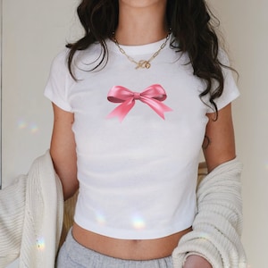 Pink Bow Graphic Baby Tee - Y2K Coquette Crop Top