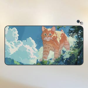 May include: A large orange tabby cat with green eyes stands on a rocky outcropping against a blue sky with white clouds. The cat is looking directly at the viewer.