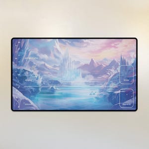 May include: A fantasy-themed playmat with a blue and purple sky, a snowy mountain range, and a frozen lake. The playmat has a numbered life counter, a discard pile, and a draw pile.