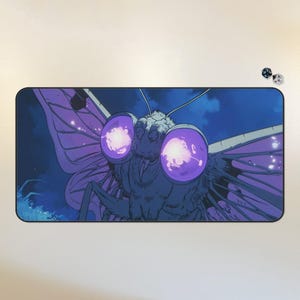 May include: A close-up of a large, purple-winged insect with glowing purple eyes. The insect is flying against a dark blue sky with clouds.