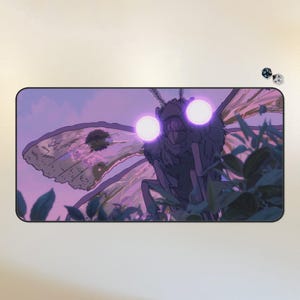 May include: A large, purple moth with glowing eyes and feathery wings is perched on a leafy branch. The moth has a furry body and a long, thin proboscis. The background is a soft, purple sunset.