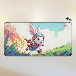 May include: A white rabbit with blue and red clothing runs through a field of green grass with a trail of orange flames behind it. The rabbit is wearing a blue helmet and has large ears.